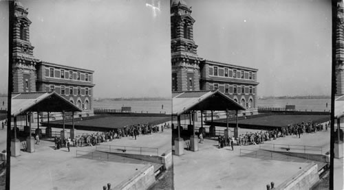 From Boat Looking To Ellis Island Immigration Bldg. and Immigrants arrived from Europe. 9214 [published number (EWE 1/1985)]