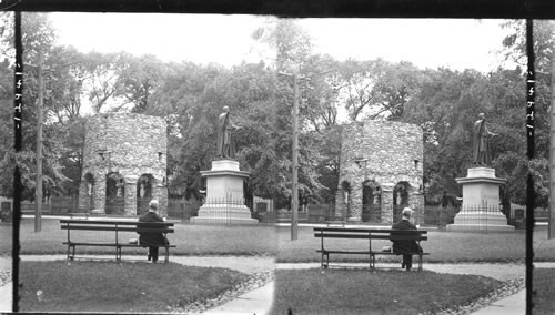 The Round Tower or Old Stone Mill and Statue of Channing. Truro Park. Newport, R.I. Does this still have fence around it?