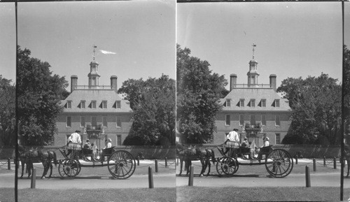 Governor’s Palace and Palace Green - The entrance gates of the Governor's Palace in Williamsburg are at the end of the spacious Palace Green. A long approach avenue lined with formally planted trees was typical setting for an important building in colonial Virginia. Records prove that the Palace Green was planted with catalpas. The measurements for the oval before the forecourt along with other architectural details were recorded by Thomas Jefferson during his years of residence in the Palace as Governor. The Bodleian Plate showing the splayed wall, enclosing the Palace forecourt, was authenticated by archaeological excavations in the area. The usual Kip engravings of English estates from his Britanna Illustrata of 1717 shows one of even a series of forecourts to the fashion. Williamsburg, VA