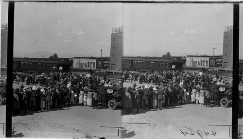 Crowd at Helena railroad station upon arrival of Presidential party, Montana