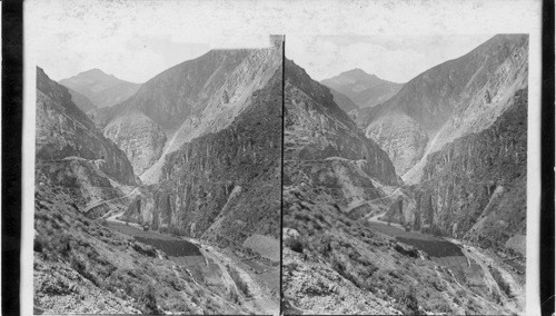 How the Oroya R.R. follows Rimac River to its source in the Andes - gorge near Cacray. Peru