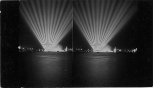 Fountain & Fair of Search lights in north Lagoon from 16th St., A Century of Progress