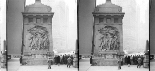 Michigan Ave. Bridge opened to bet a boat pass thru on the Chicago River. Chicago, Ill