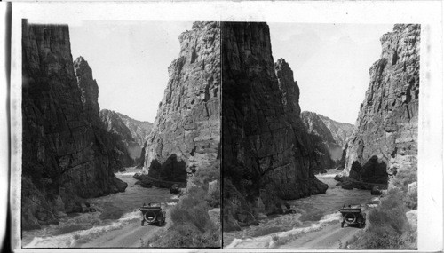 Wyoming & Yellowstone N. Park. The Cody Road through Shoshone Canyon, Showing how the difficulties of building roads in the mountains are met