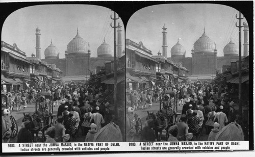 Inscribed in recto: 9183. A STREET near the JUMNA MASJID, in the NATIVE PART OF DELHI, Indian streets are generally crowded with vehicles and people