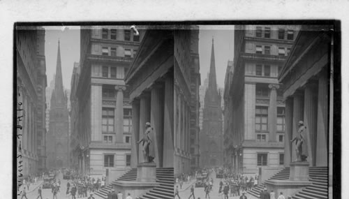 U.S. Sub Treasury, corner of Nassau St. and Wall St. toward Trinity Church, N.Y. City