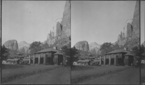 Lodge, Angel's Landing in Distance. Zion National Park. Utah