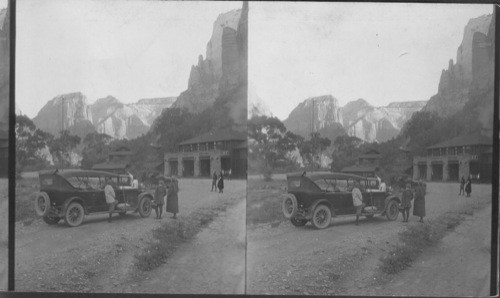 Zion Lodge (at Zion Nat'l Park) looking North to Angels Landing. Utah. Titles on page 13 Oct '22/25 Box 38-1. Same as Peabody's 47315-47318 - but I placed my tripod on one of those wheelbarrows you see in new 47315 & built up also my foreground