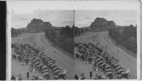 Rickshaws waiting before Christ Church, Townhall beyond Simla, India