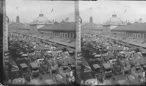 Quincy Market a busy early morning scene - Faneuil Hall in distance. Boston, Mass. [missing neg. 7/98.]