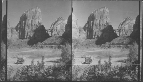 From camping grounds looking north to Angels Landing at left Observation Pt. high at right. Low foreground is the Virgin River called in maps the Makuntaweep. Zion National Park. Utah