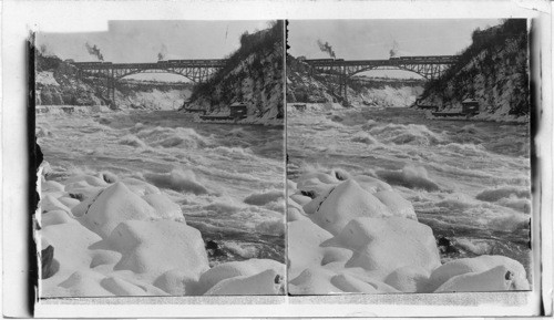 From George R.R. overhead of which pools rapids to Grand and Cantilever Bridge. Winter. Niagara, N.Y