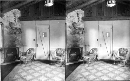 Grand Canyon, Ariz. Interior of deluxe cabin toward fireplace