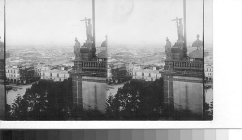 National Palace, S.E. from Cathedral Bell Tower over Plaza Mayor, Mexico City. Mexico