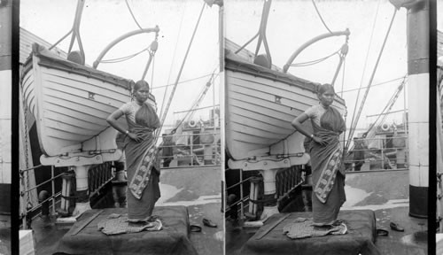 Singhalese woman on board a steamer in Brooklyn waiting to be deported by U.S. Immigration Authorities after their expiration of their contract with Western Theatrical Troupe. N.Y. City