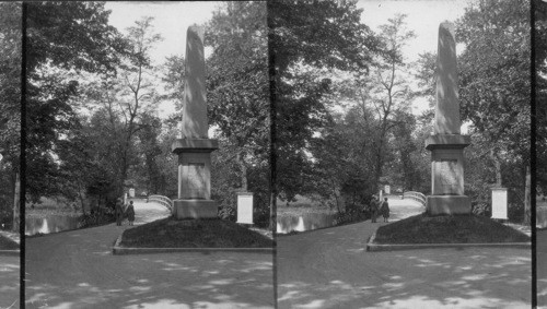 Battle Monument & Bridge - Statue of Minute Man in distance, Concord, Mass