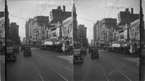 From corner of St. Paul & Main Sts., looking west on Main, highest bldg. at right is Practorian bldg., 2nd, Kirby Bldg., 3rd American Exchange., National Bank Bldg., 4th, the Republic Bank Bldg., Dallas, Texas. West on Main St. from Cor. of St. Paul, Dallas, Texas. Practorian, Kirby, Exchange Bk., Republic