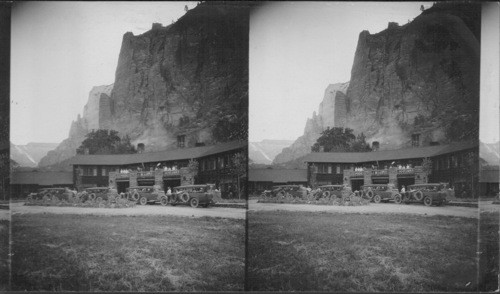 Zion Lodge, Stages leaving for North Rim, 8 A.M. Utah