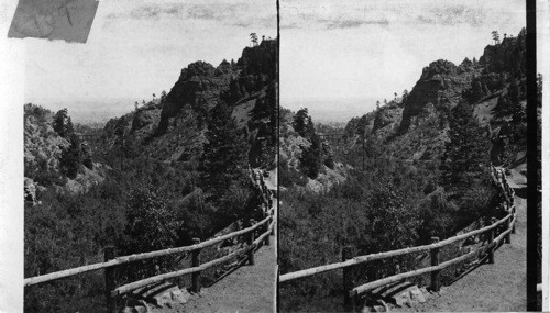 A winding road and rugged walls of Bear Creek Canon, Colo. (near Colorado Springs) Nov. 1925 Road closed by snow (is obsolete) Make over closed down