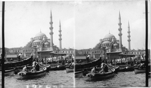 Domes and minarets of Stamboul from rigging of ship at anchor. Constantinople Tour. Turkey