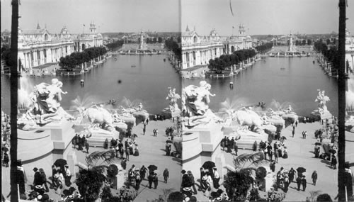 Electricity and varied Industries Building. N.W. from Festival Hall over Central Cascades and Fountain. La. Pur. Expo. St. Louis, Missouri