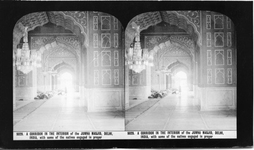 Inscribed on recto: 9029. A CORRIDOR IN THE INTERIOR of the JUMNA MASJID, DELHI, INDIA, with some of the natives engaged in prayer