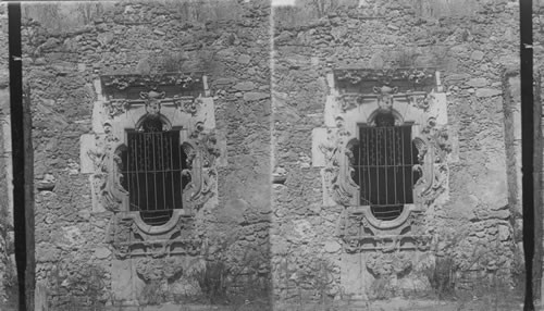 Famous window at San Jose Mission, was taken out from wall and sent to St. Louis Expo. and replaced in wall again - fine example of hand carving of ancient times. San Antonio, Texas