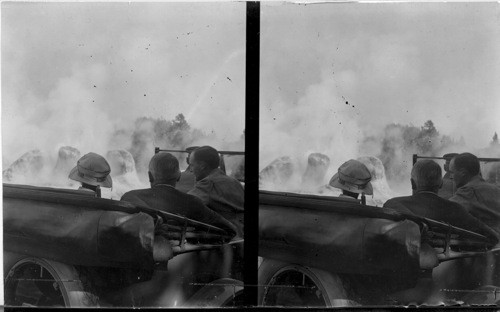 Pres. and Mrs. Harding watching Grotto Geyser. Yellowstone Nat. Park