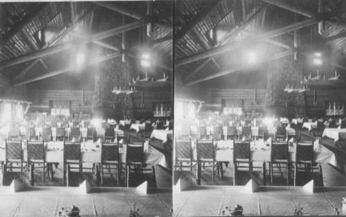 The Dining Room (60 ft. square) with its huge lava fireplace, Old Faithful Inn