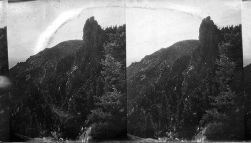 On the Broadmoor. Cheyenne Mountain Highway - "One of the Devil's Horns". From "Swing Sublime Point", elevation 8640 ft. Colo. Springs, Colo