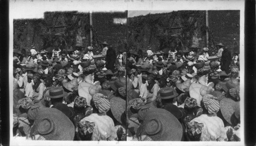 Distributing relief supplies to Mont Pelee refugees, before the City Hall, Fort de France, Martinique, North America