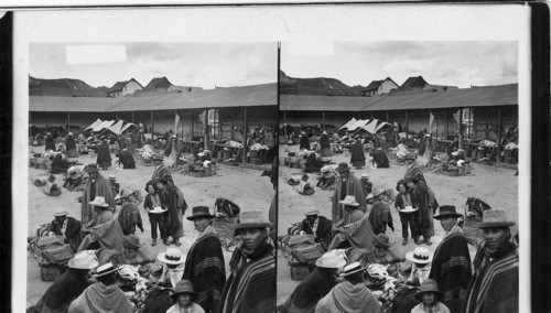 Selling ponchos (blankets), ice cream and vegetables in a native market. Cerro de Pasco. Peru