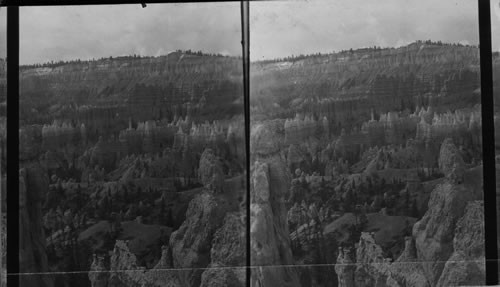 Looking south from horse trail to sculptor studio east of and near Queens Castle. If the stereograph conveyed true idea of topography & surrounding, you would not ask for like. Impossible. Bryce Canyon. Utah. Bryce