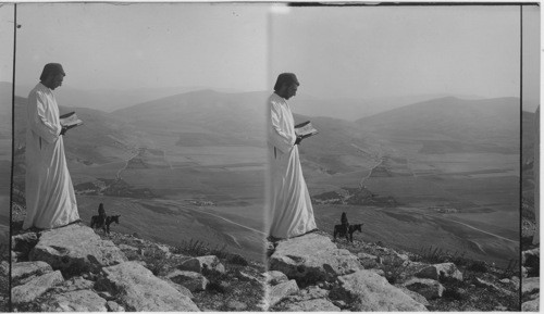 Northeast from Mt. Gerizin over Jacob’s Well and Sychar to Mt. Ebal (left), Palestine