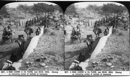 Inscribed in recto: 9077. A ROAD LEADING to the PLAINS, near DELHI, INDIA. Showing and interesting variety of methods of locomotion