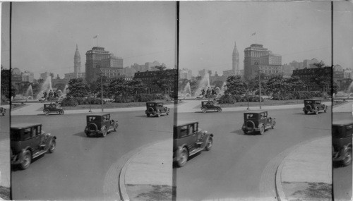 S.E. to Logan Fountain at left St. Peter and St. Paul Roman Catholic Cathedral, in background City Hall, Phila., Penn