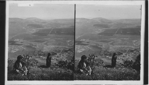 North from Gilbod over Jezreel Plain to Sea of Galilee, Palestine