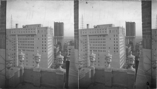 From roof of N.P. Anderson Bldg. at 7th & Lamar St. Looking N.E. along 7th St., to Fort Worth Club Bldg. at left and to Farmers & Mechanic Bank Bldg. Fort Worth. Texas