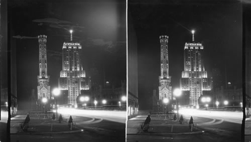 Title: Night view of Palmolive Bld., Water Tower and Lindbergh Beacon. Remarks: Exposure about 25 min., a little of the high lites in foreground (autos) should be reduced. The man-made star, Lindbergh Beacon, Palmolive building, Chicago, Ill. Date: Aug 19 - 30 Focal L.: 5 1/2 in Photographer: Dare Photographer's No. 169