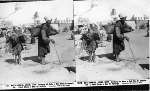 Inscribed in recto: 17,013. WATER CARRIERS. ASSUAN, EGYPT. Conveying Nile Water in Goat Skins for Domestic Use. A Small Charge is Made for Porterage. Copyright 1912 by Geo. Rose