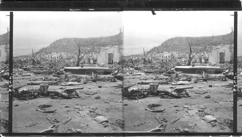 Looking over the desolated city of St. Pierre toward Pelee veiled in smoke, Martinique, Lesser Antilles