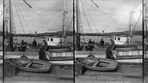 Fishermen repairing their nets and preparing for another trip to sea. Prince Rupert. B.C