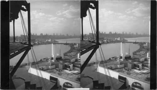 "From the 218 ft. level of the Sky Ride Northwest to the City showing the States Building in the foreground and looking across the lagoon to the Administration Bldg. Beyond the Field Museum and Shedd Aquarium