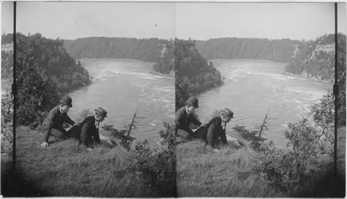 Viewing the whirlpool and down the Gorge of Niagara River, Niagara. N.Y