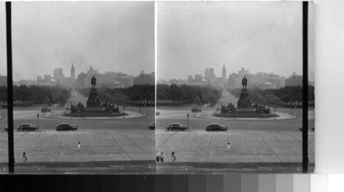 Looking So. East over Benjamin Franklin Parkway. City Hall tower in distance Philadelphia, Pa