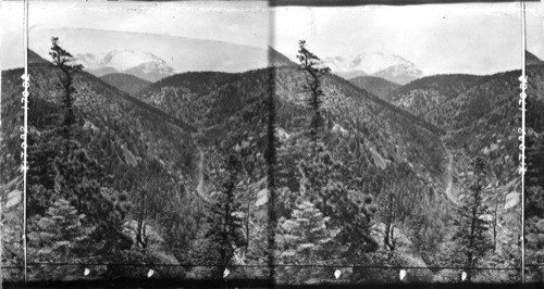 Pike's Peak and bird's eye view of the Cog Wheel Road, Colorado