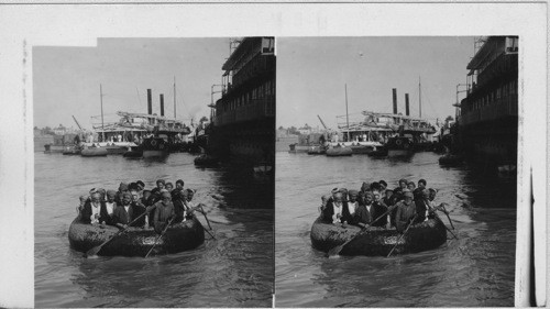 Navigation contrasts at Bagdad - “Kufas” meeting European steamer. Mesopotamia