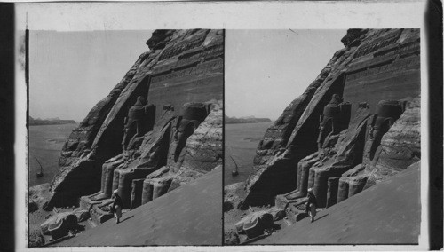 Looking up the Nile (S.) across Front of Abu-Simbel Temple