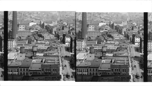 East from offices of Keystone View Co. on the 15th floor of the Hearst Tower Bldg. - Baltimore, MD. The round high tower in distance is the famous "Shot Tower" where shots for Gims were made in the Old Days, now a relic