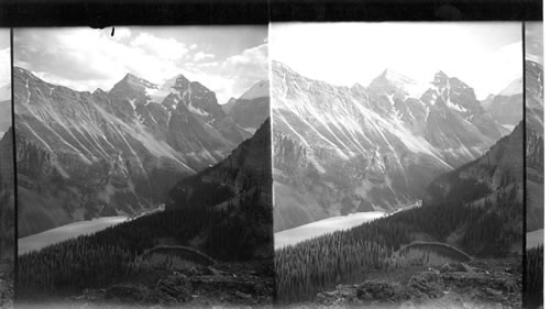 Mirror Lake, Lake Louise, and Mts. Sheol and Aberdeen. Alberta. Can